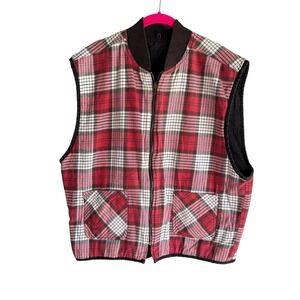 VINTAGE 90's MARLBORO Country Store Plaid Red‎ Black Full Zip Reversible Vest, L